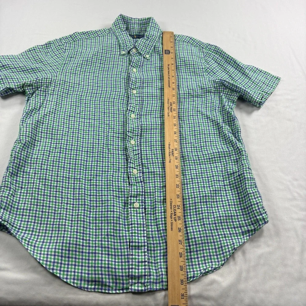 Polo Ralph Lauren Linen Shirt Mens Large Blue Green Plaid Button Up Camp Beach